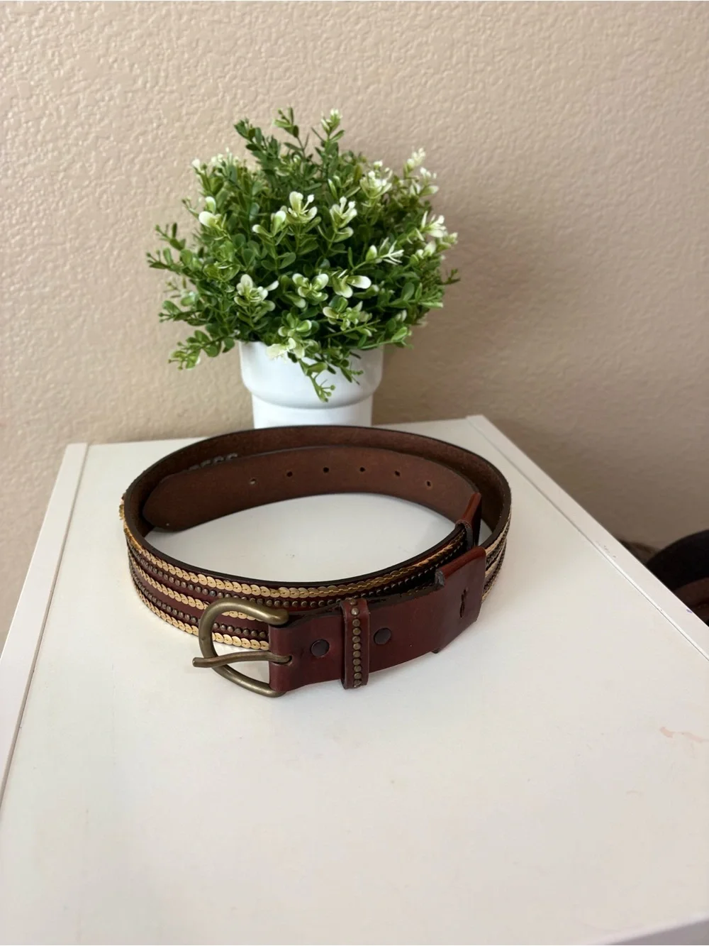 Express Brown Genuine Leather Sequin Studded Statement Belt Size L